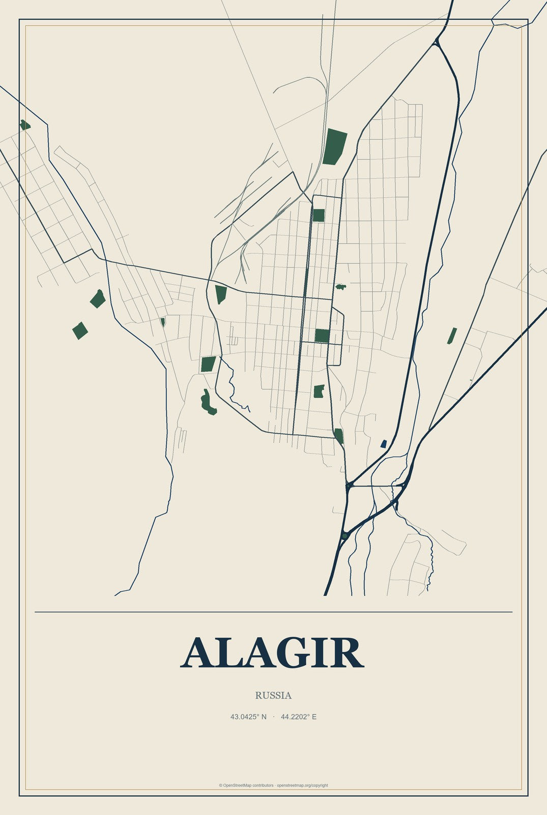 Alagir, Russia City Map Aluminum Sign in Coastal Cutout style