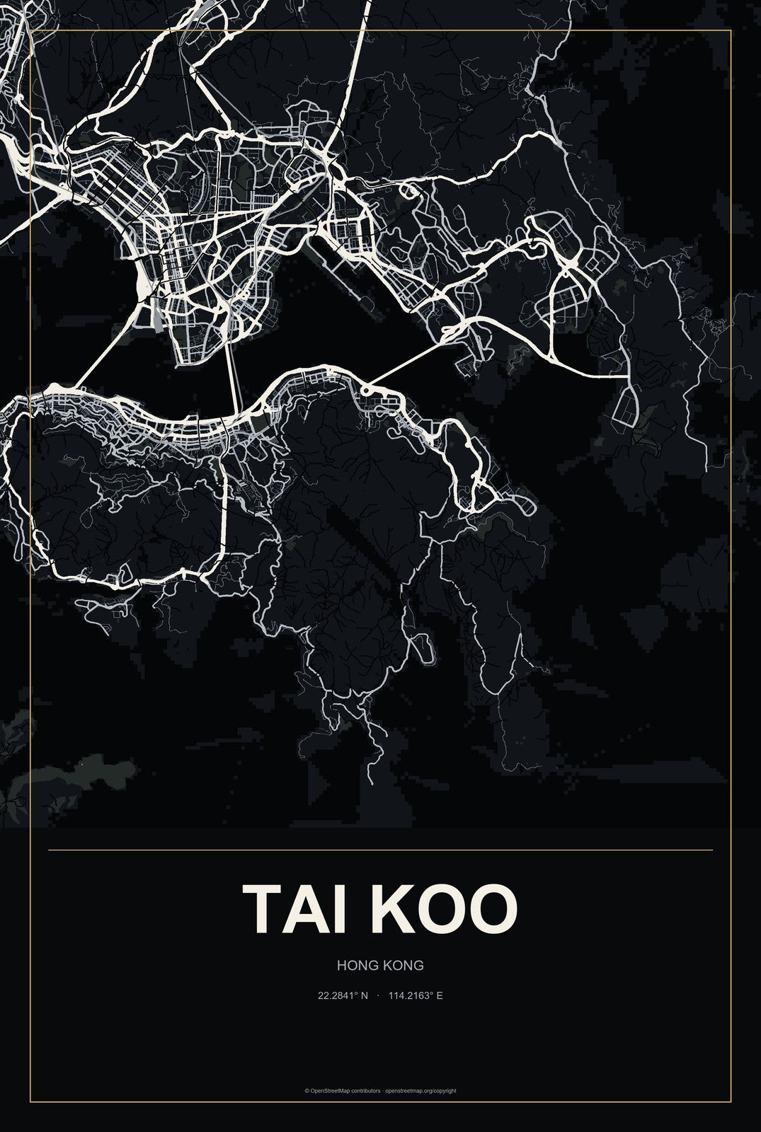Tai Koo, Hong Kong City Map Aluminum Sign in Metropolitan Noir style