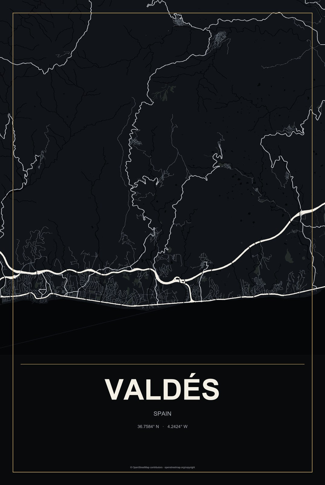 Valdés, Spain City Map Aluminum Sign in Metropolitan Noir style