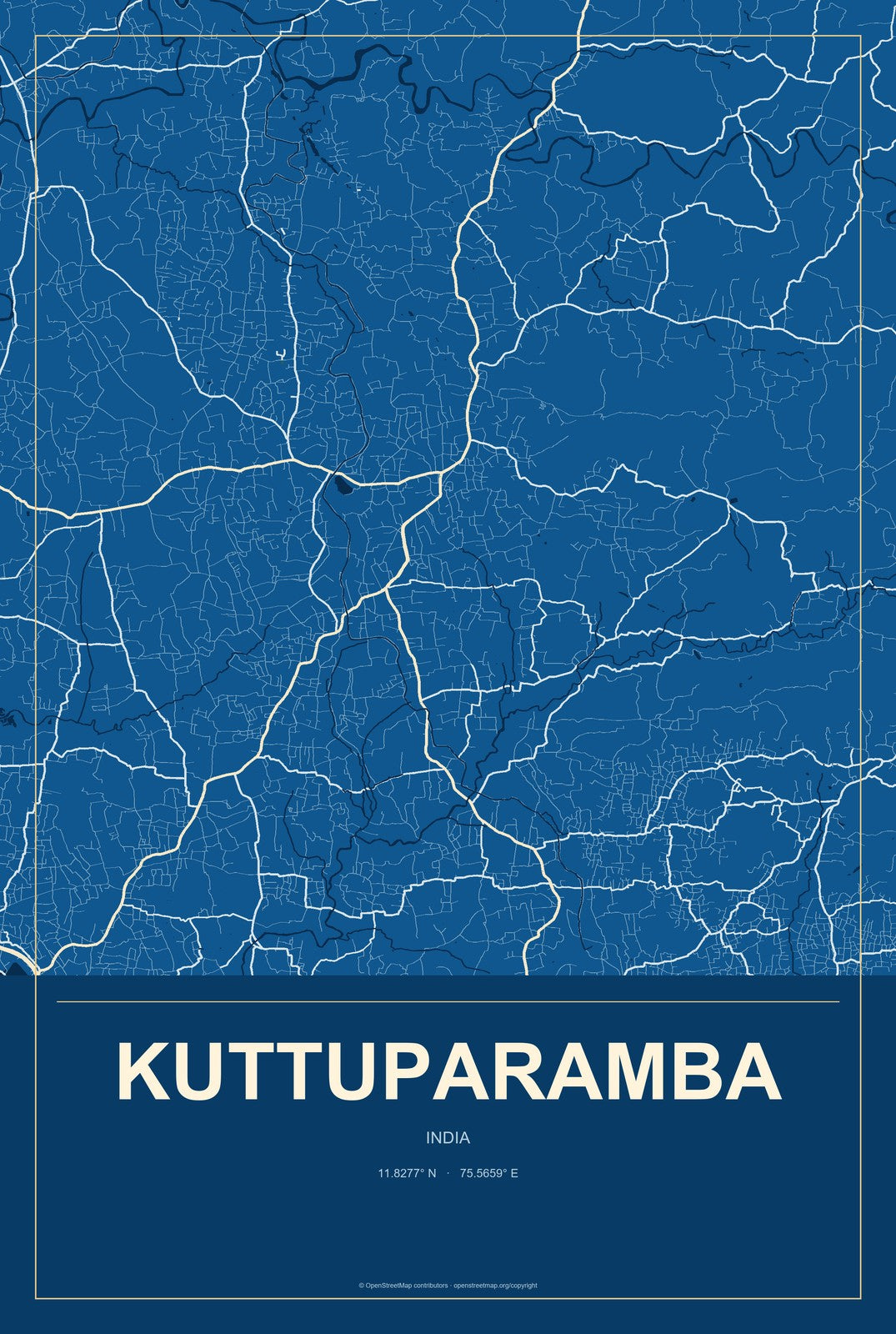 Kuttuparamba, India City Map Aluminum Sign in Harbor Cobalt style