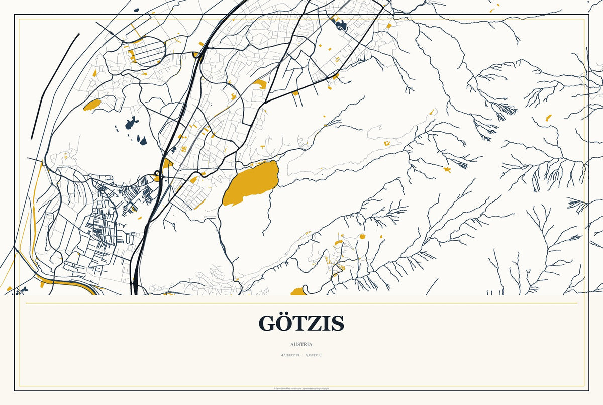 Götzis, Austria City Map Aluminum Sign in Citrine Modern style