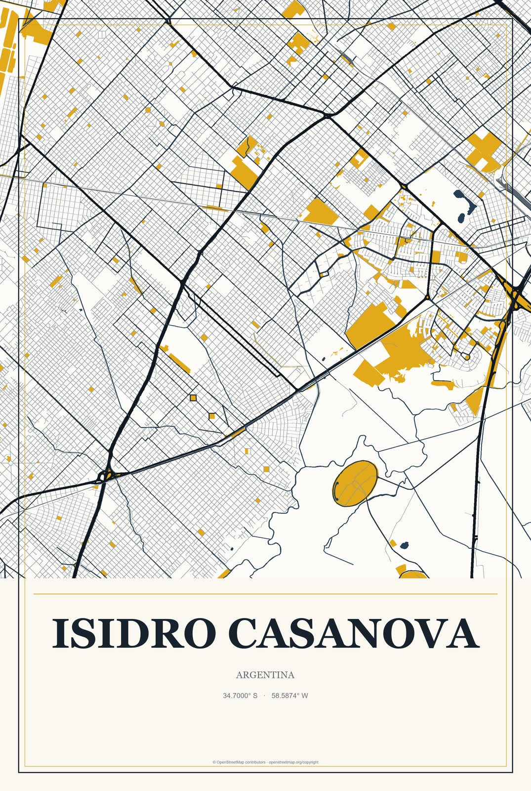 Isidro Casanova, Argentina City Map Aluminum Sign in Citrine Modern style