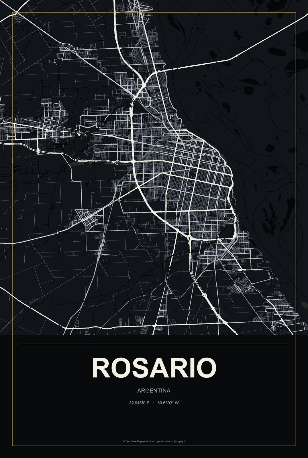 Rosario, Argentina City Map Aluminum Sign in Metropolitan Noir style