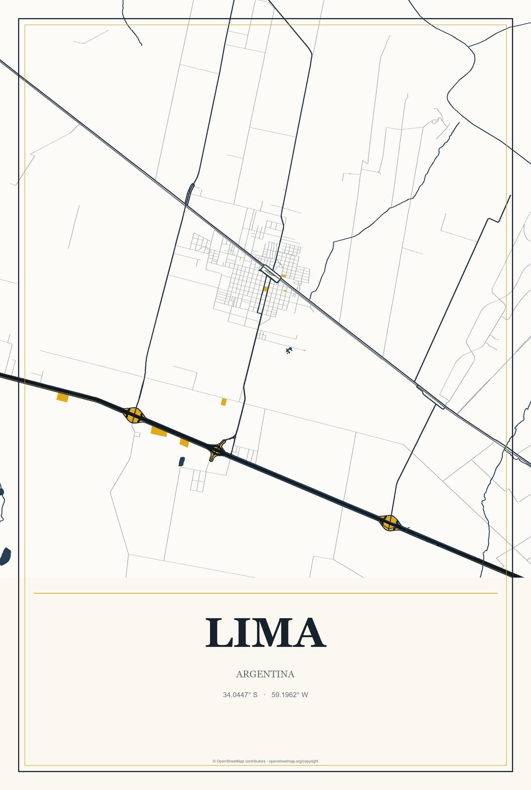 Lima, Argentina City Map Aluminum Sign in Citrine Modern style