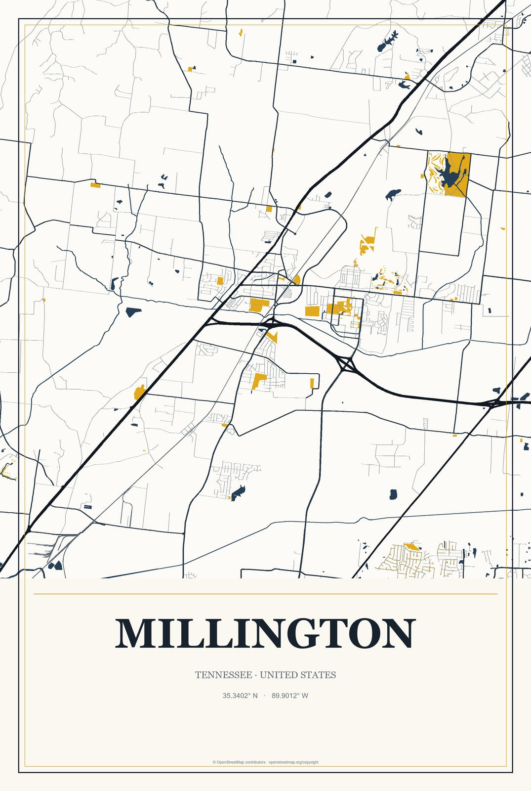 Millington, Tennessee City Map Aluminum Sign in Citrine Modern style