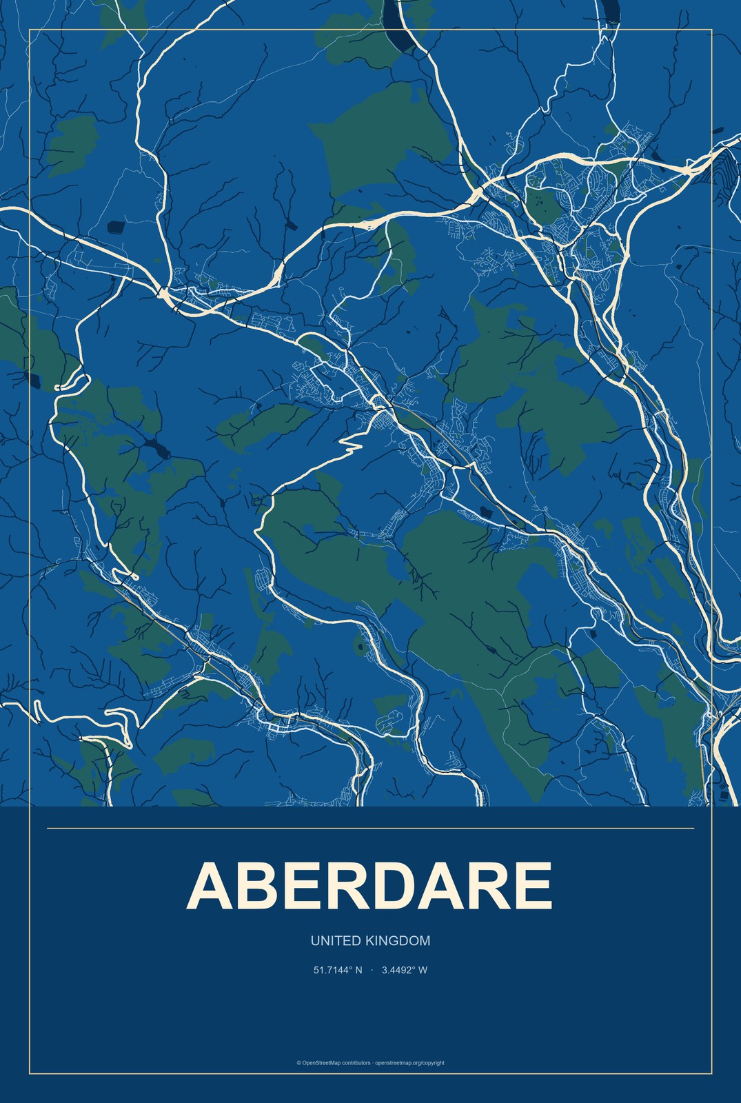 Aberdare, United Kingdom City Map Aluminum Sign in Harbor Cobalt style