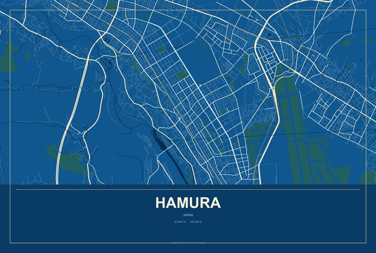 Hamura, Japan City Map Aluminum Sign in Harbor Cobalt style