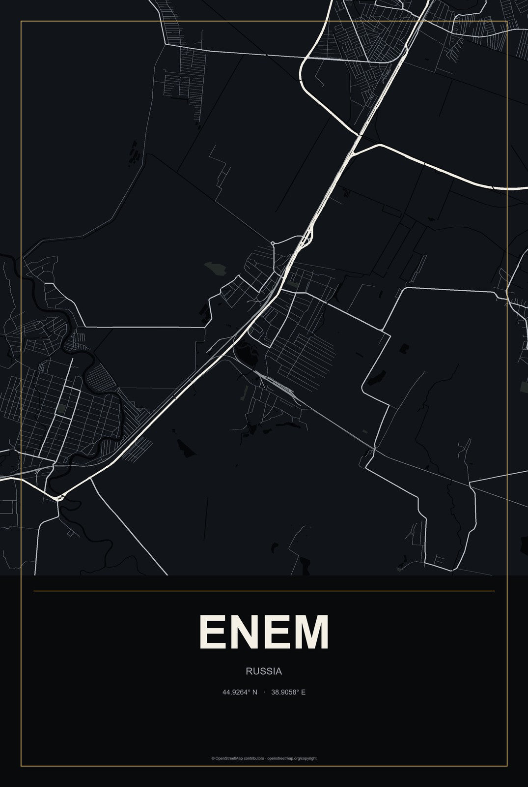 Enem, Russia City Map Aluminum Sign in Metropolitan Noir style