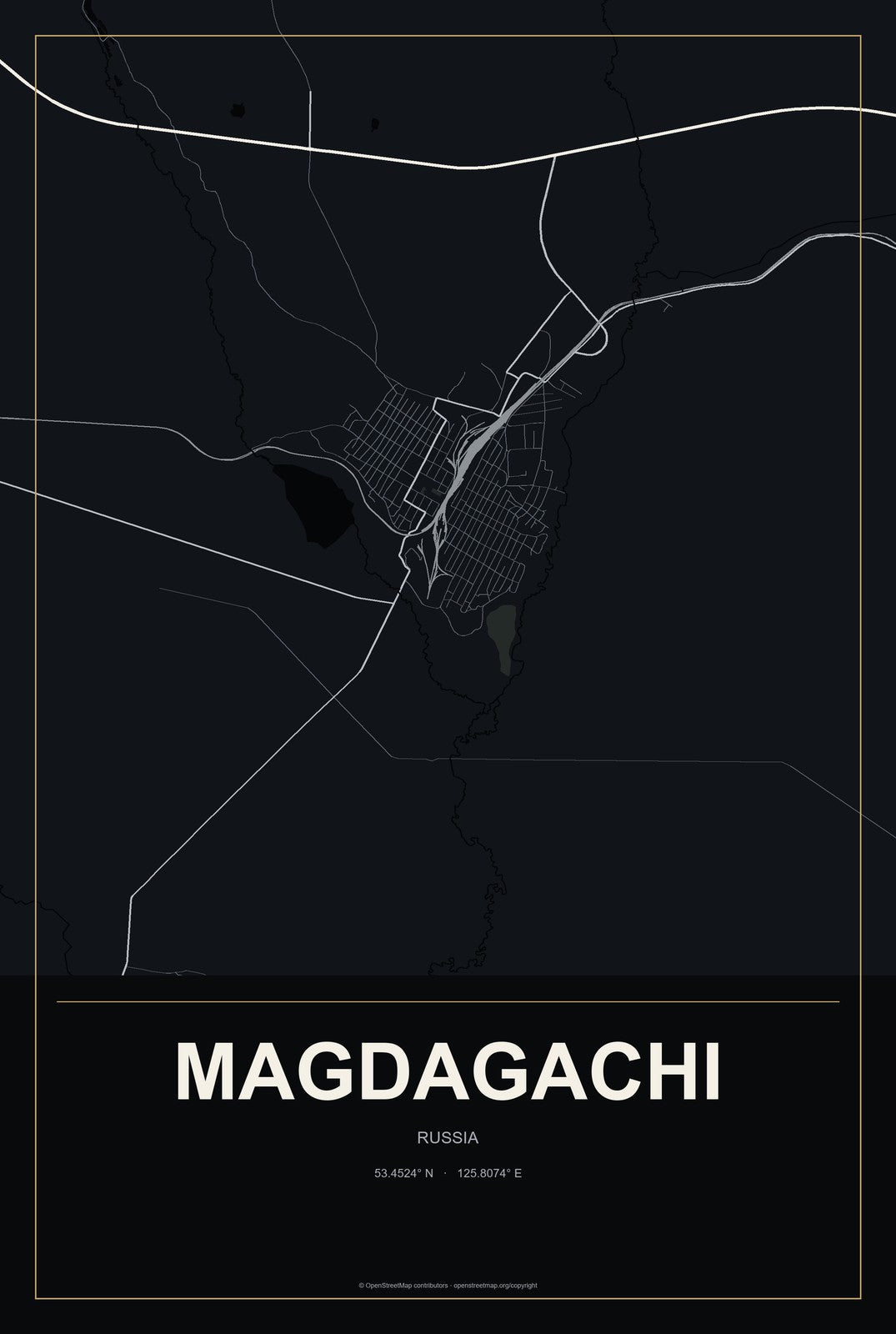 Magdagachi, Russia City Map Aluminum Sign in Metropolitan Noir style