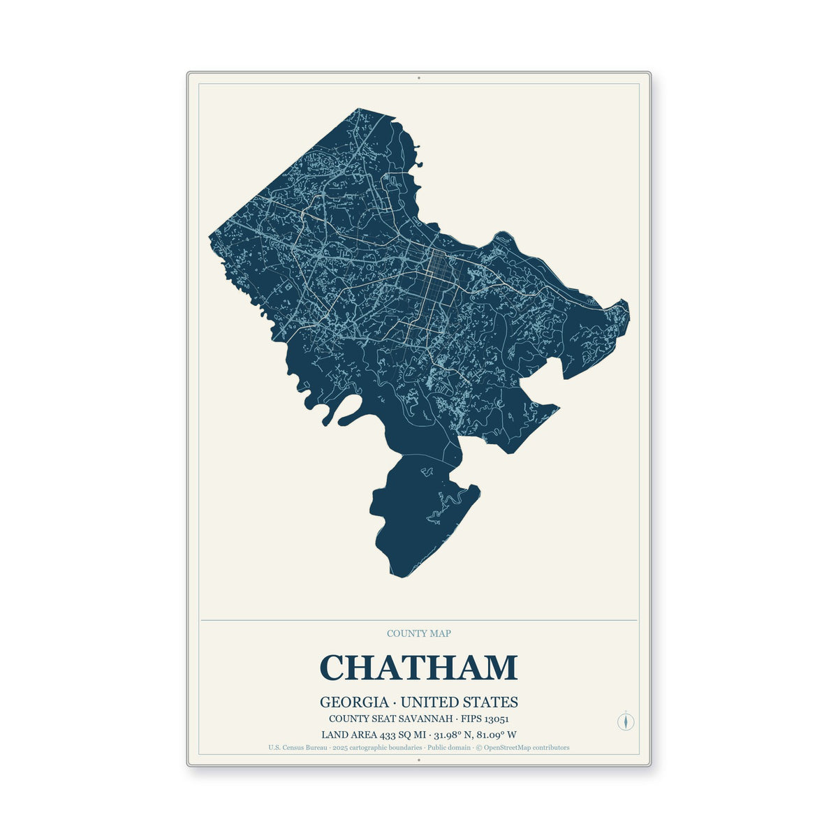 Chatham County, Georgia Map Aluminum Sign in Coastal Cutout style