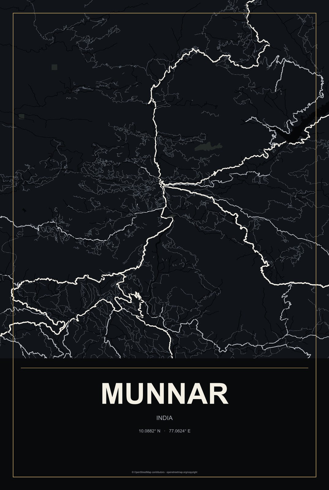 Munnar, India City Map Aluminum Sign in Metropolitan Noir style