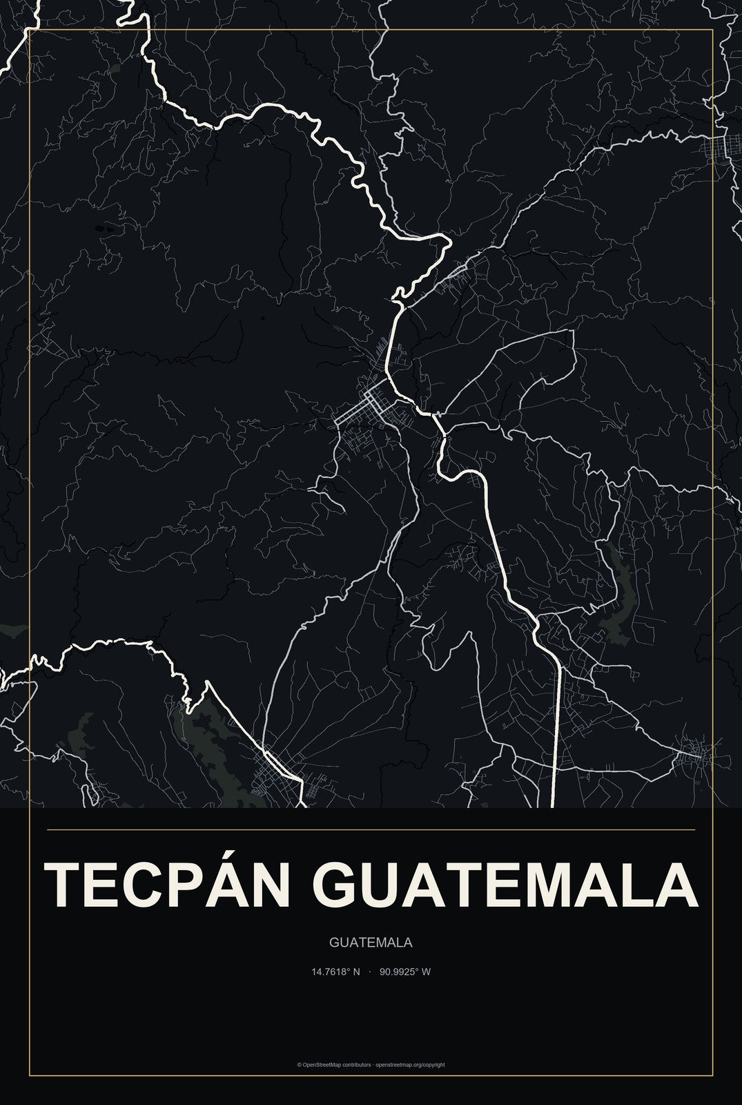 Tecpán Guatemala, Guatemala City Map Aluminum Sign in Metropolitan Noir style