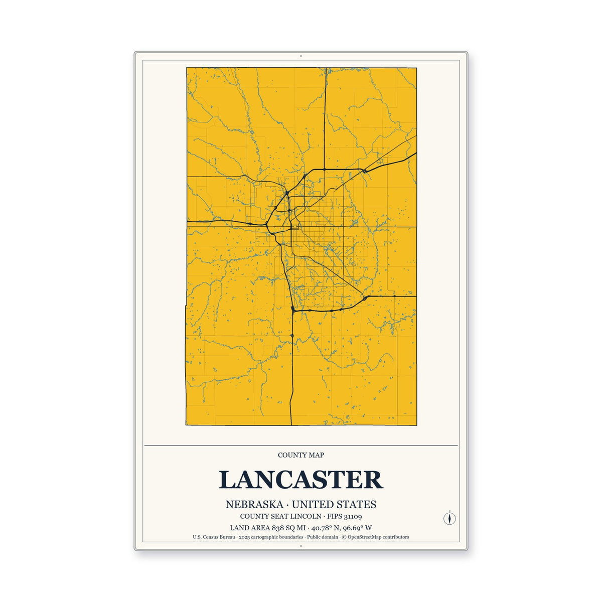 Lancaster County, Nebraska Map Aluminum Sign in Citrine Modern style