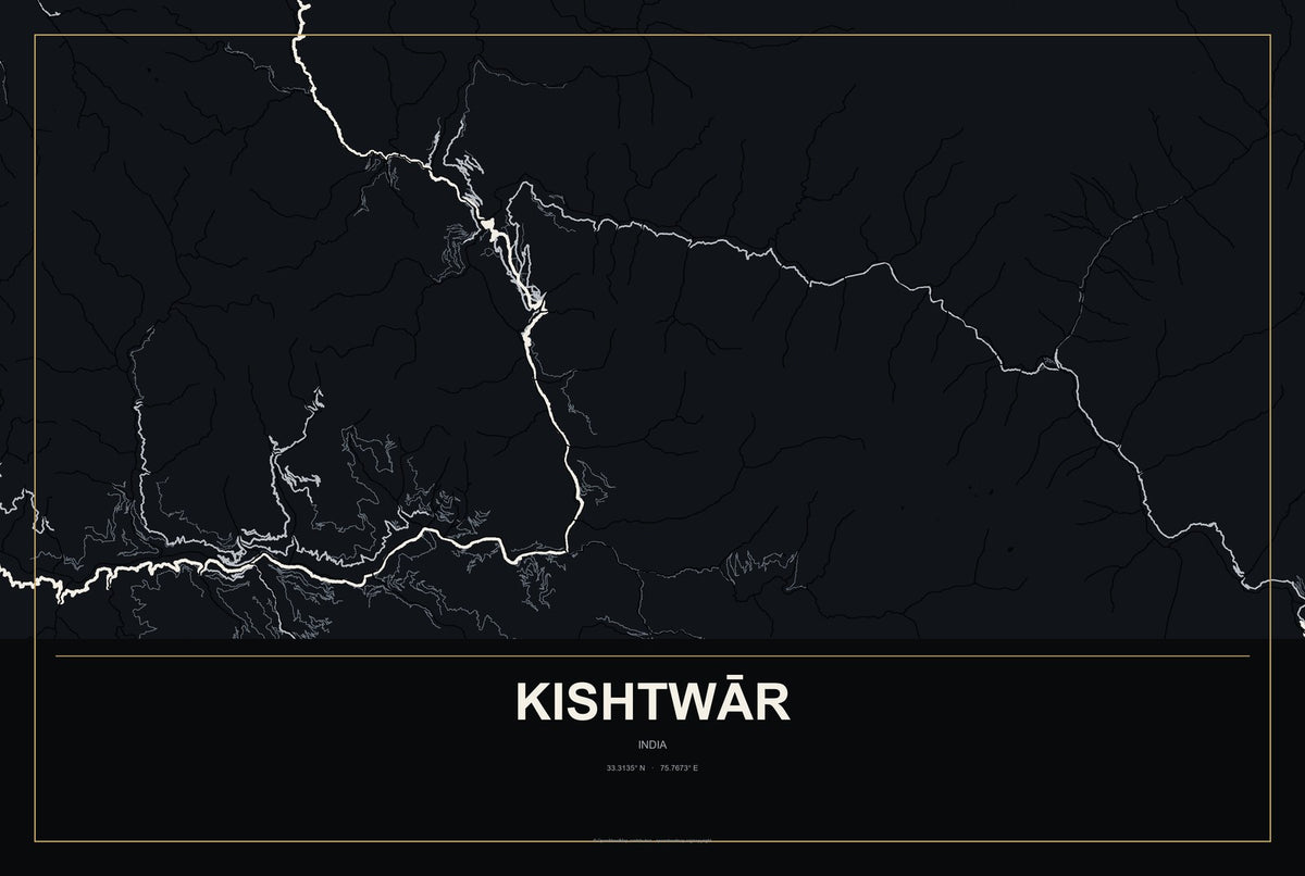 Kishtwār, India City Map Aluminum Sign in Metropolitan Noir style