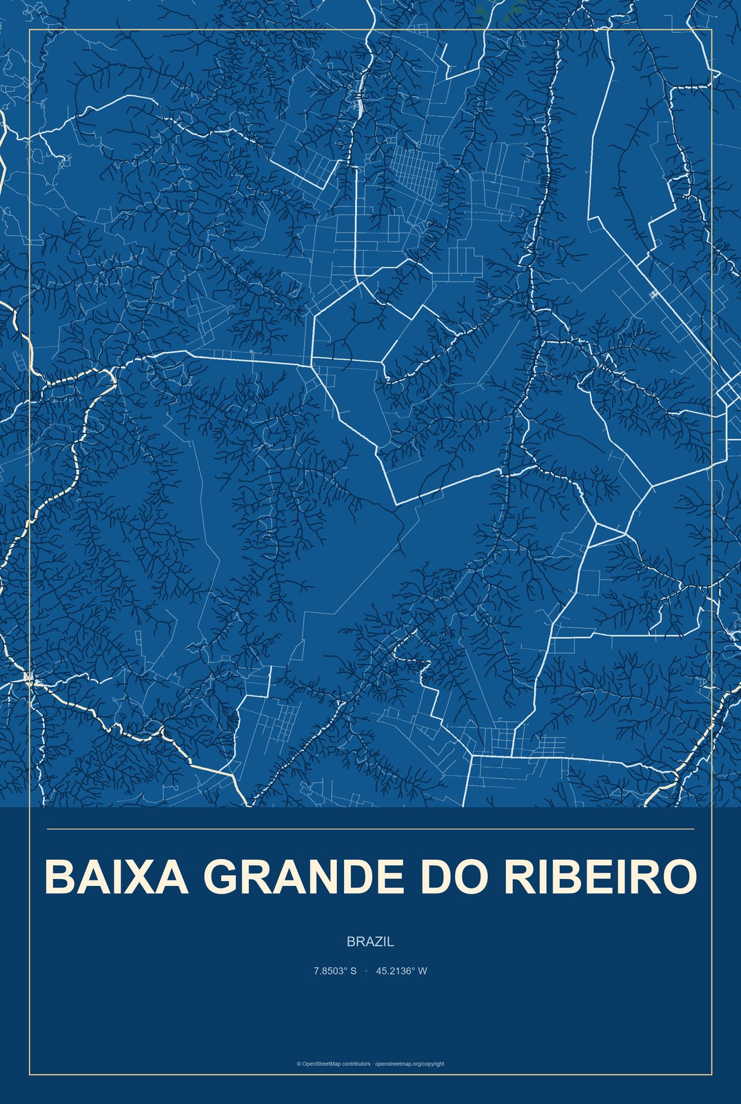 Baixa Grande do Ribeiro, Brazil City Map Aluminum Sign in Harbor Cobalt style