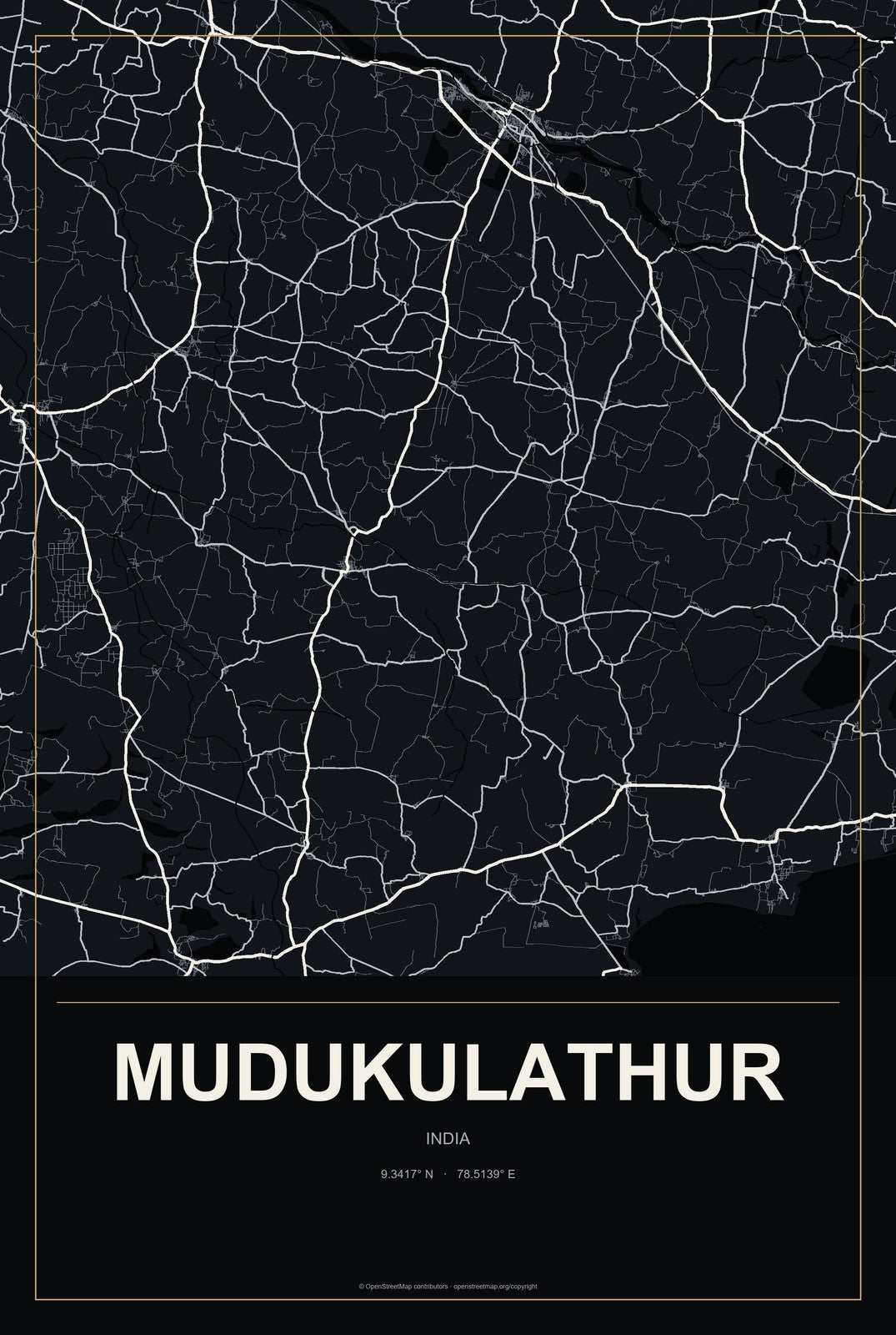 Mudukulathur, India City Map Aluminum Sign in Metropolitan Noir style