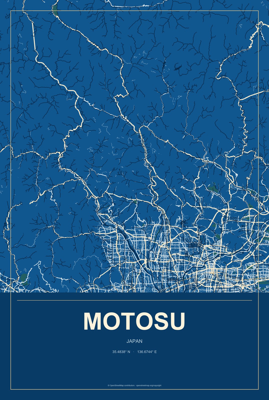 Motosu, Japan City Map Aluminum Sign in Harbor Cobalt style
