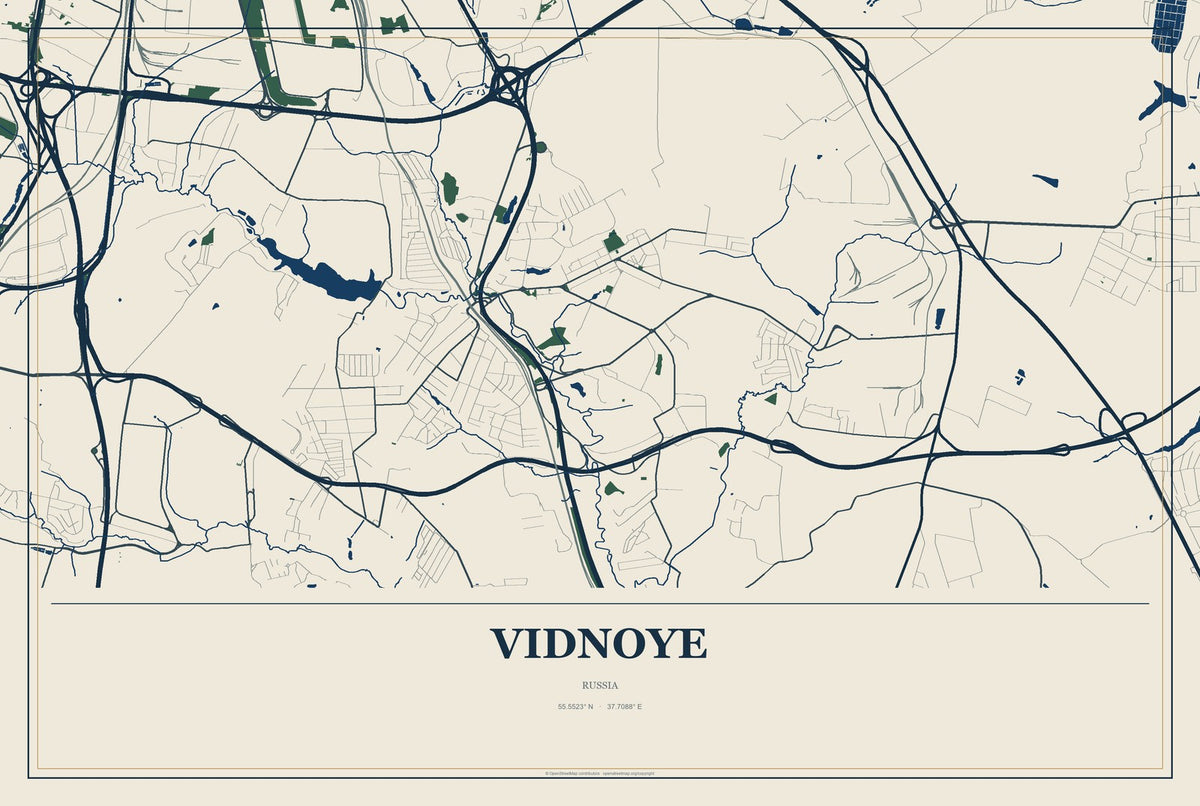 Vidnoye, Russia City Map Aluminum Sign in Coastal Cutout style