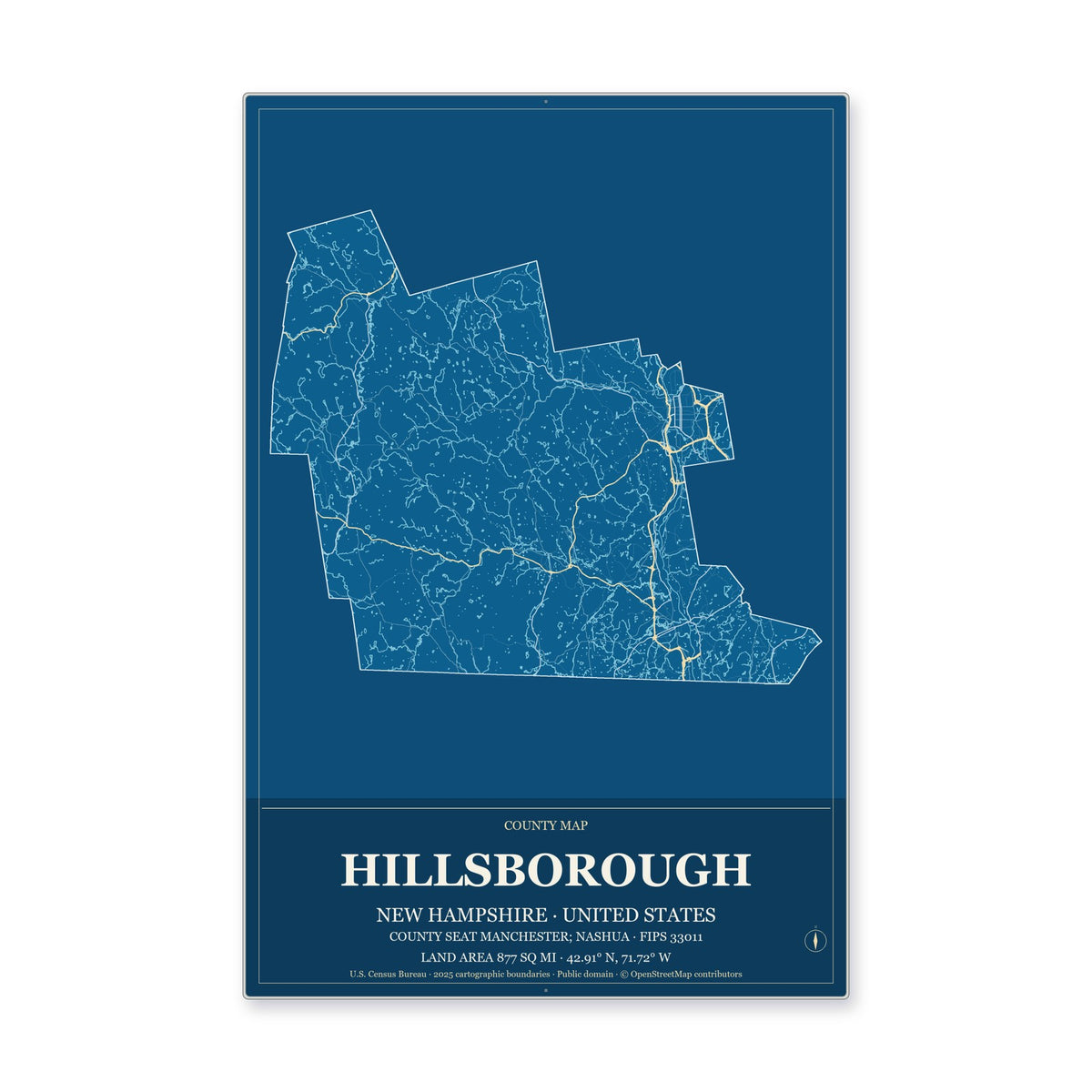 Hillsborough County, New Hampshire Map Aluminum Sign in Harbor Cobalt style
