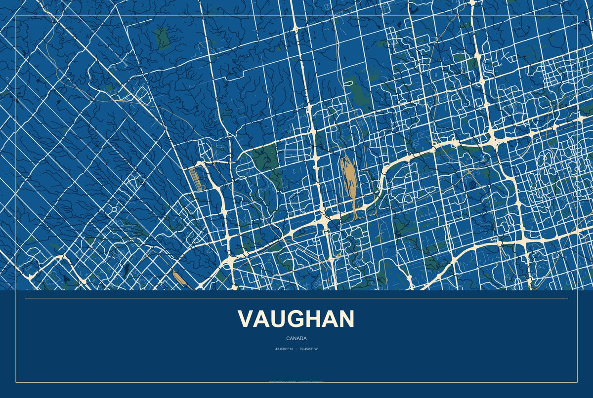 Vaughan, Canada City Map Aluminum Sign in Harbor Cobalt style