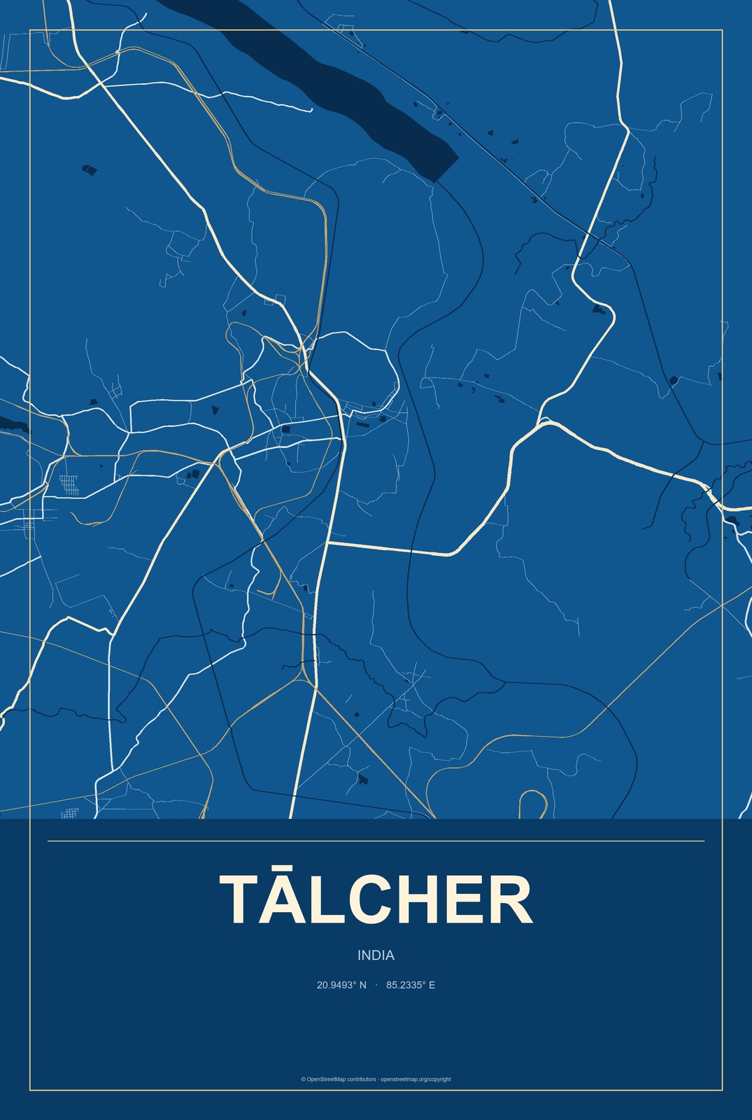 Tālcher, India City Map Aluminum Sign in Harbor Cobalt style
