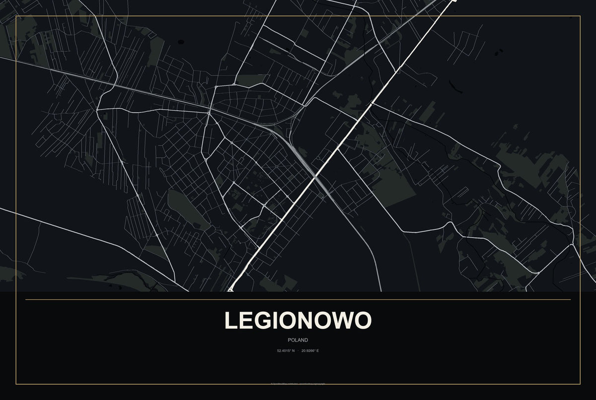 Legionowo, Poland City Map Aluminum Sign in Metropolitan Noir style