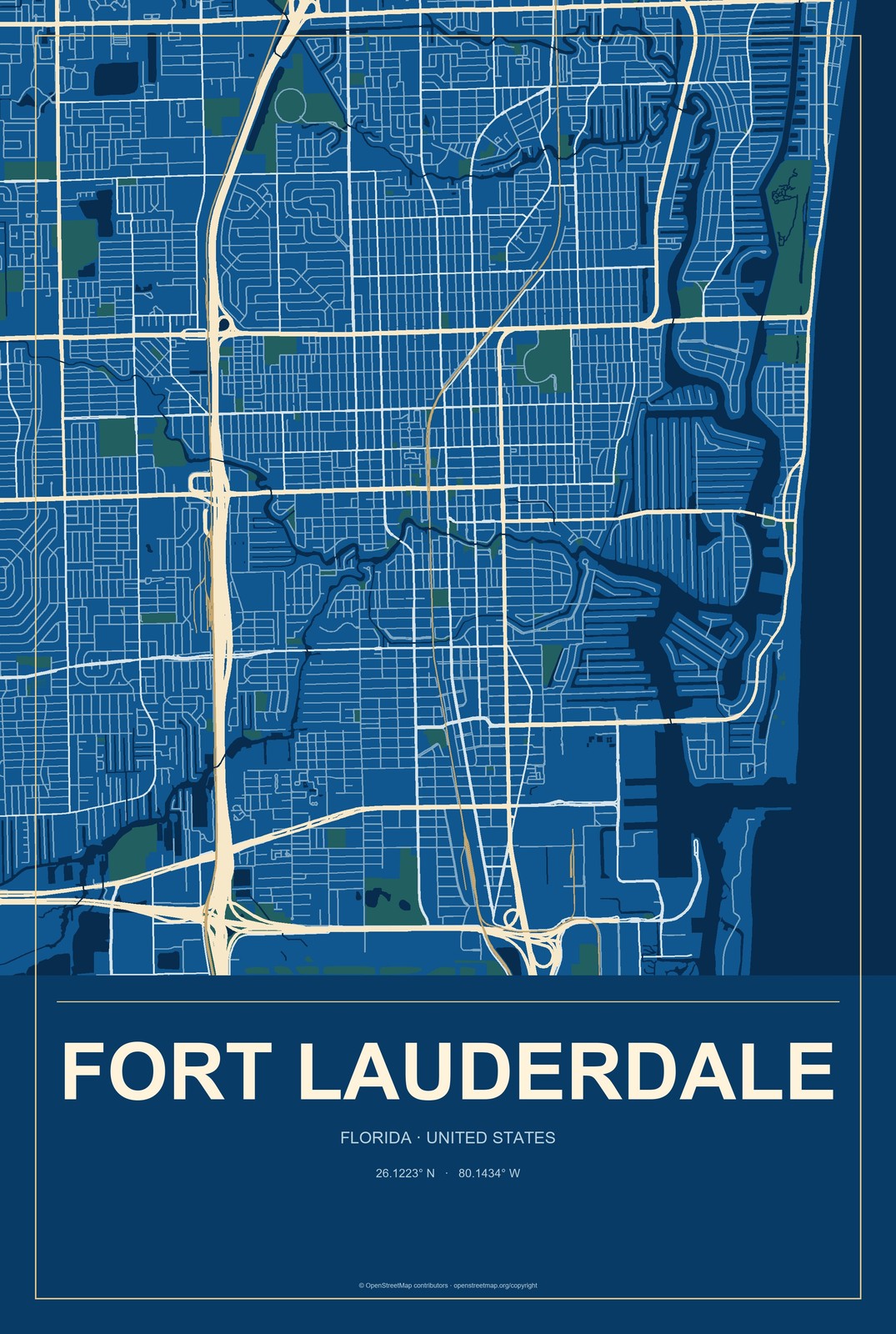 Fort Lauderdale, Florida City Map Aluminum Sign in Harbor Cobalt style