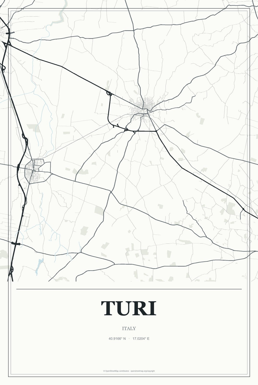 Turi, Italy City Map Aluminum Sign in Gallery Air style