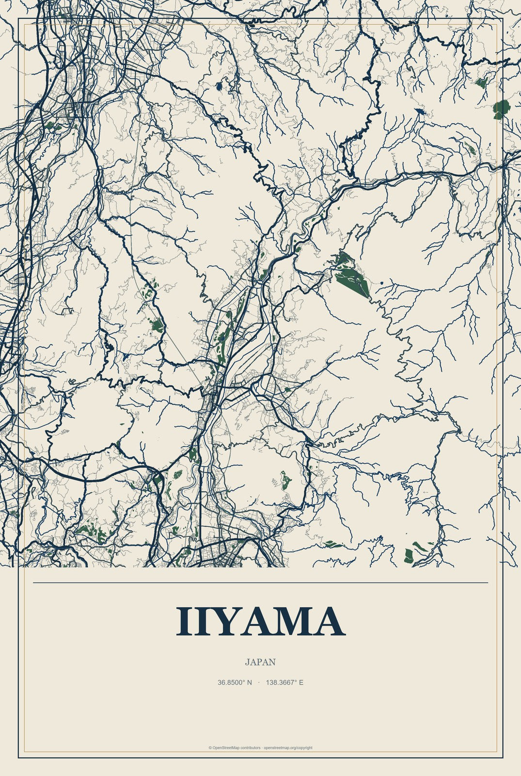 Iiyama, Japan City Map Aluminum Sign in Coastal Cutout style