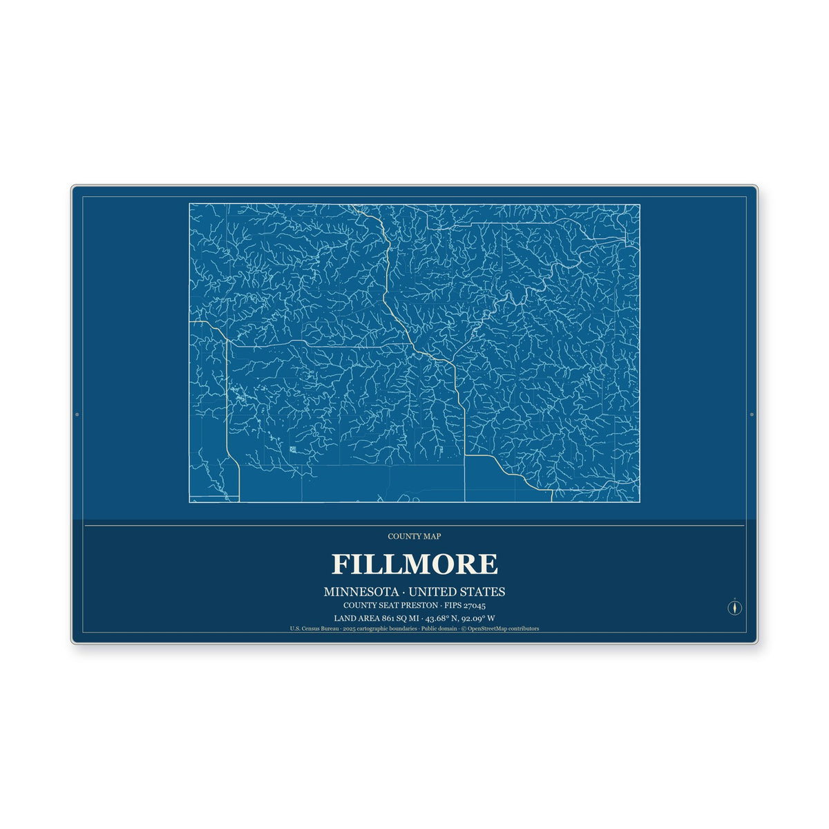 Fillmore County, Minnesota Map Aluminum Sign in Harbor Cobalt style