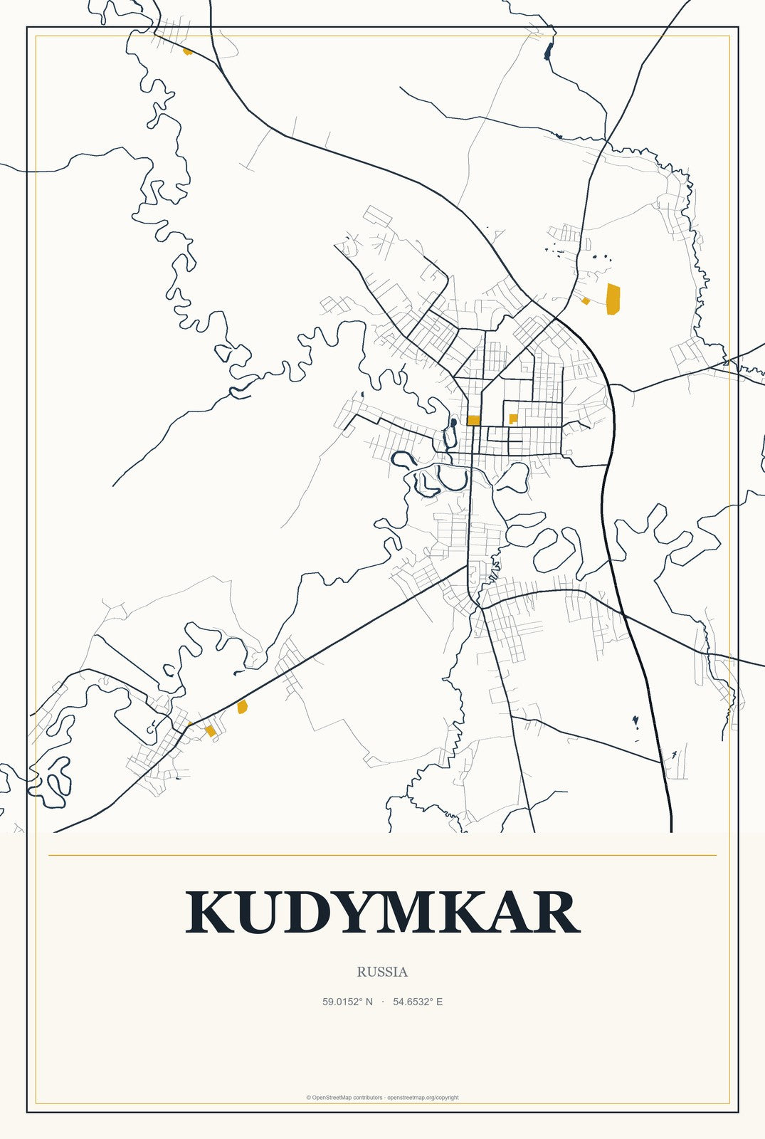 Kudymkar, Russia City Map Aluminum Sign in Citrine Modern style