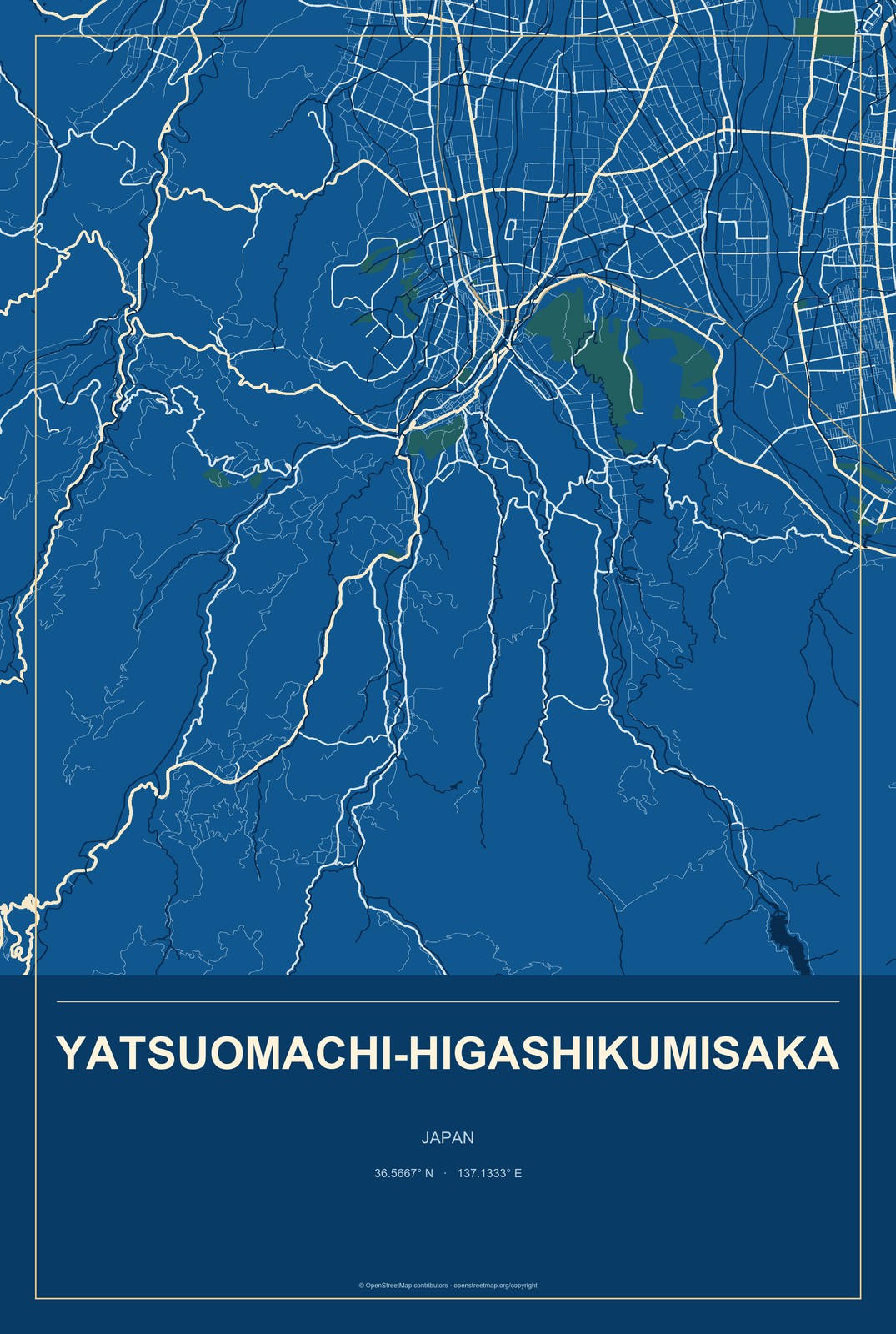 Yatsuomachi-higashikumisaka, Japan City Map Aluminum Sign in Harbor Cobalt style