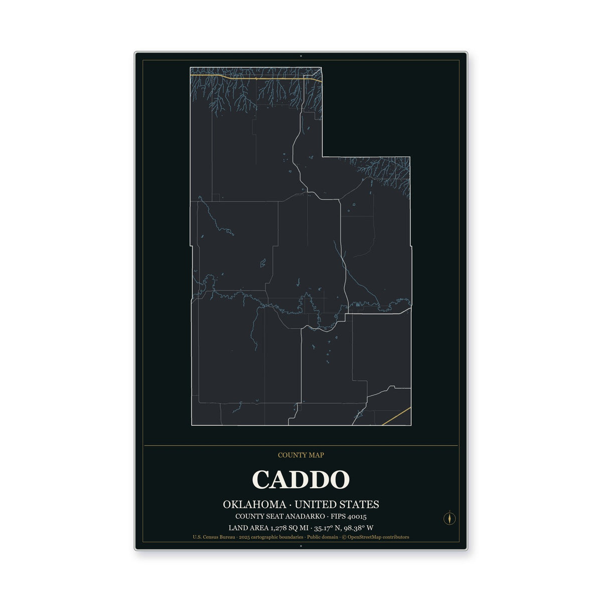 Caddo County, Oklahoma Map Aluminum Sign in Metropolitan Noir style