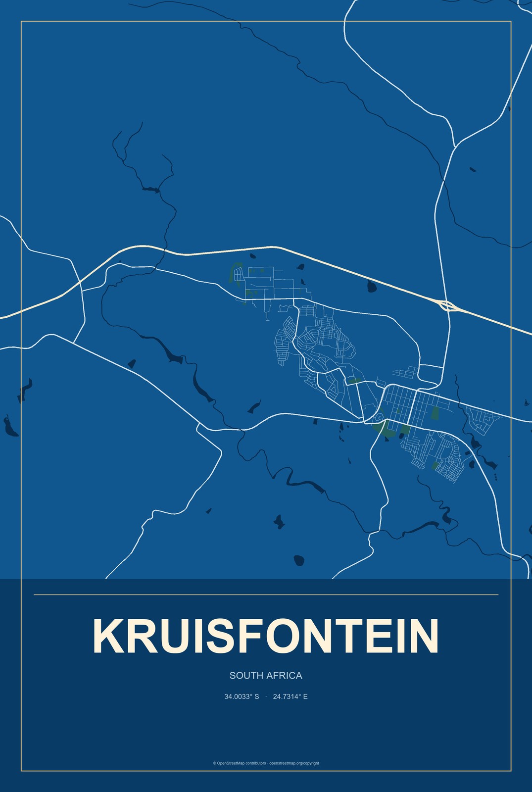 Kruisfontein, South Africa City Map Aluminum Sign in Harbor Cobalt style