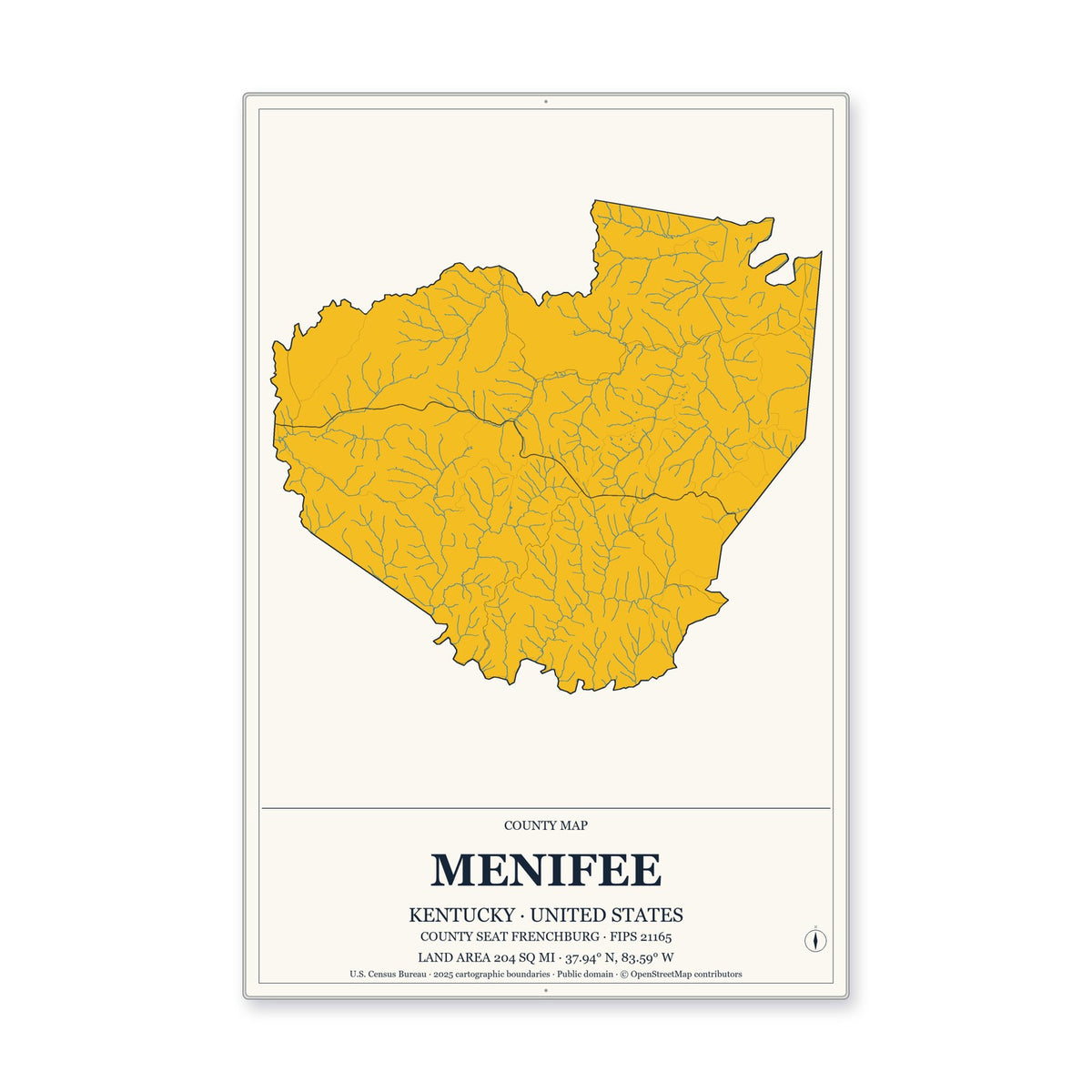 Menifee County, Kentucky Map Aluminum Sign in Citrine Modern style