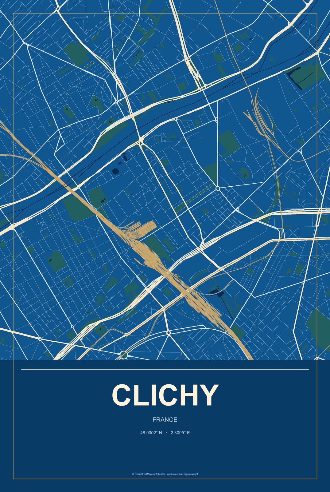 Clichy, France City Map Aluminum Sign in Harbor Cobalt style