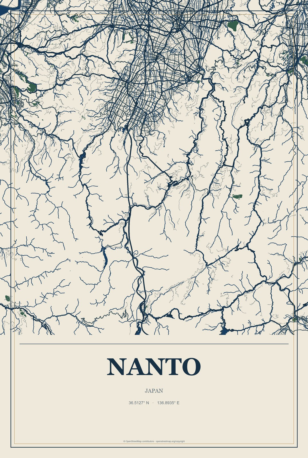 Nanto, Japan City Map Aluminum Sign in Coastal Cutout style