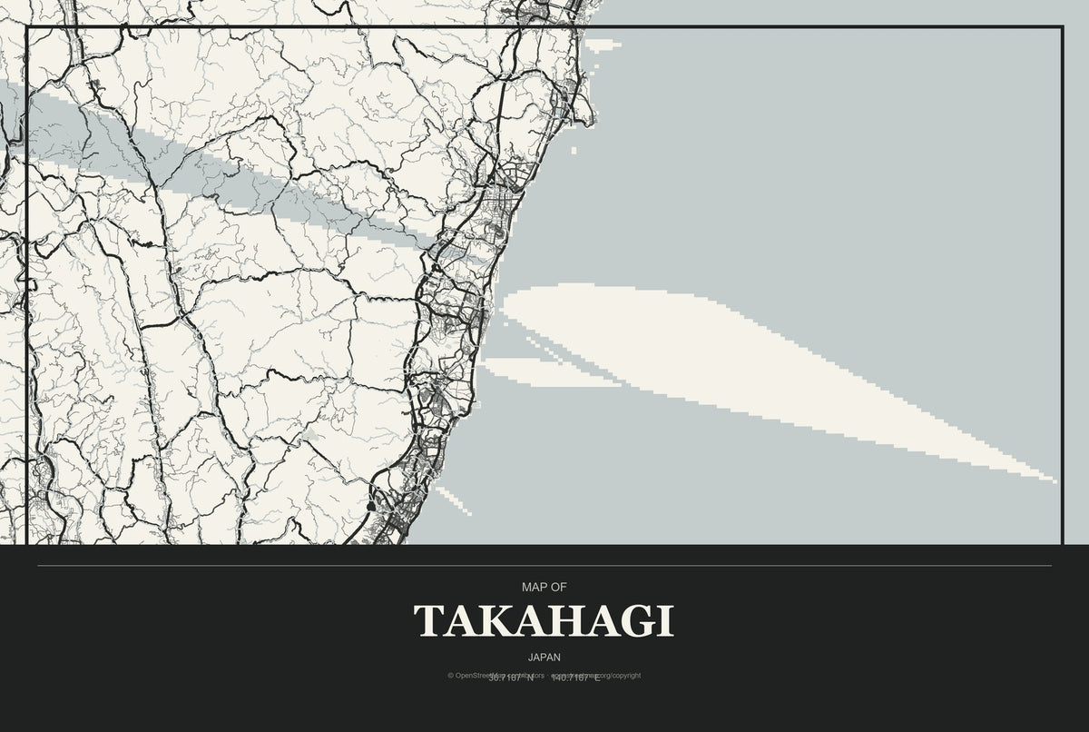 Takahagi, Japan City Map Aluminum Sign in Museum Plaque style