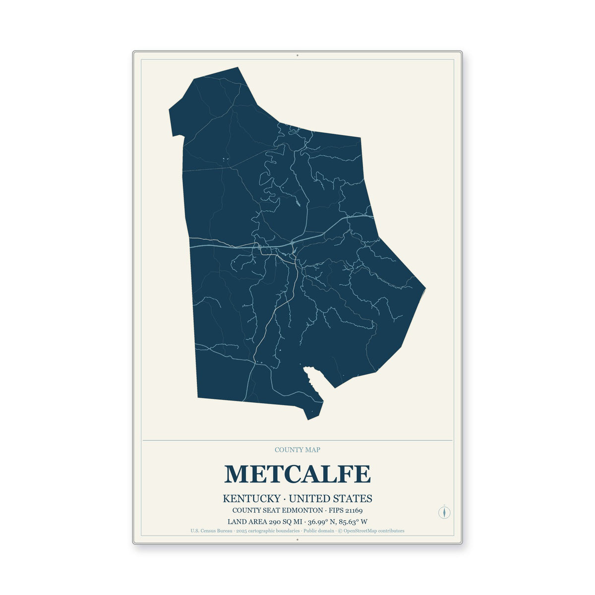Metcalfe County, Kentucky Map Aluminum Sign in Coastal Cutout style