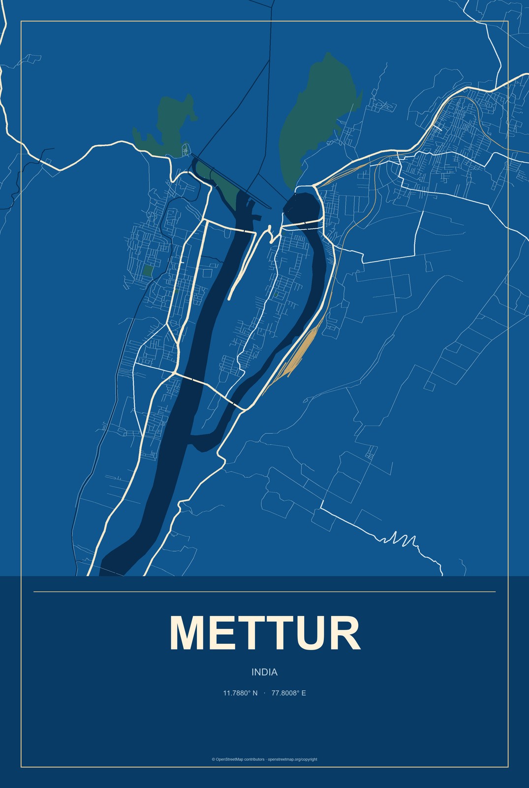 Mettur, India City Map Aluminum Sign in Harbor Cobalt style