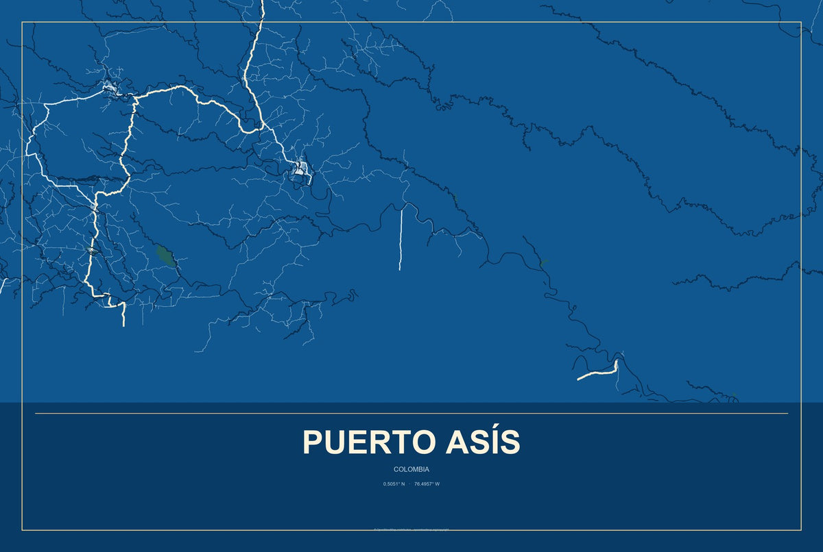 Puerto Asís, Colombia City Map Aluminum Sign in Harbor Cobalt style