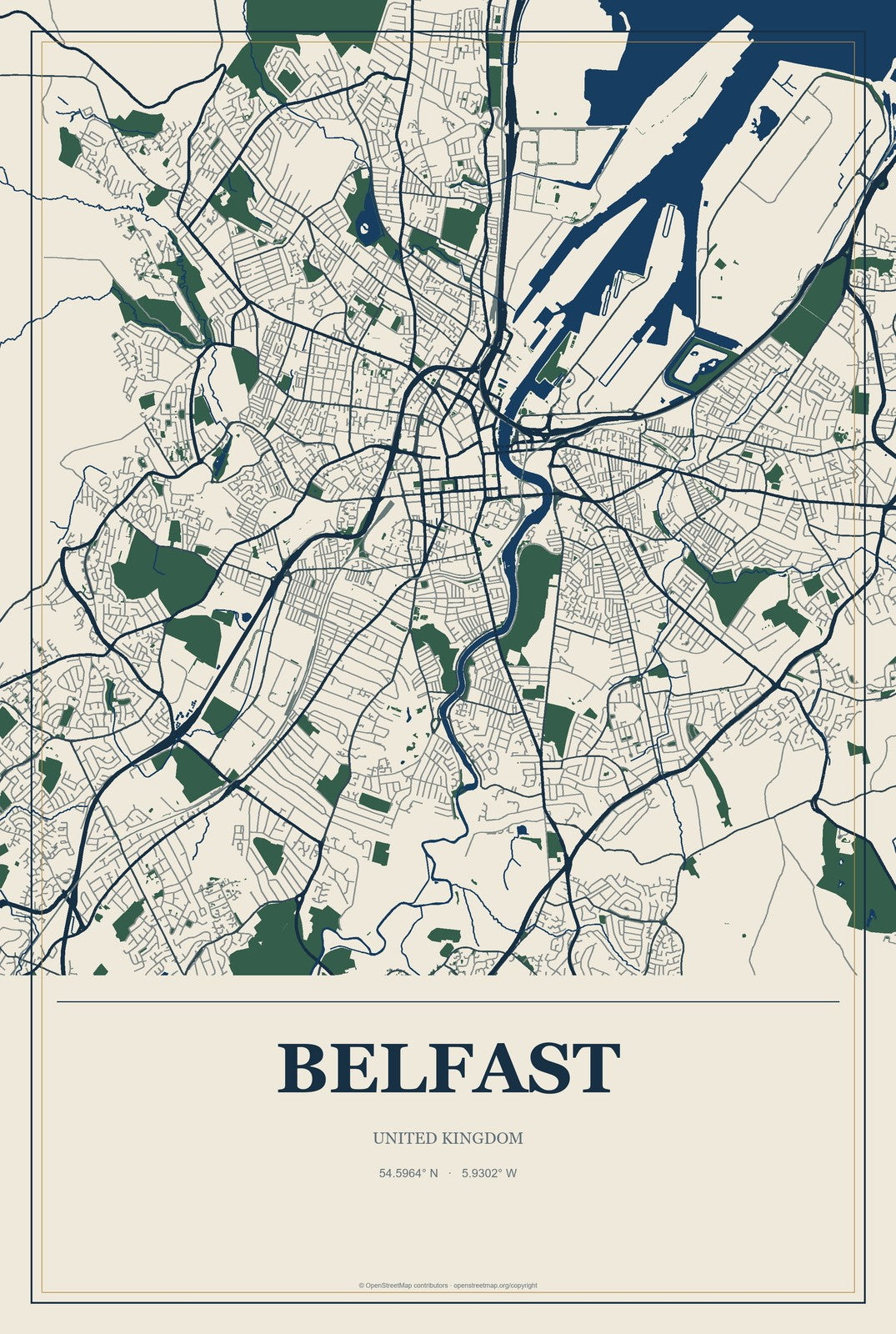 Belfast, United Kingdom City Map Aluminum Sign in Coastal Cutout style
