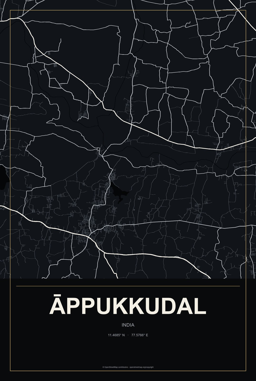 Āppukkudal, India City Map Aluminum Sign in Metropolitan Noir style