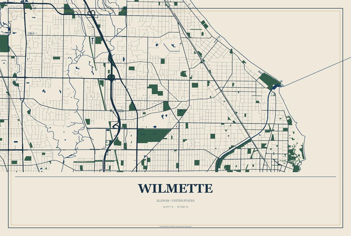 Wilmette, Illinois City Map Aluminum Sign in Coastal Cutout style