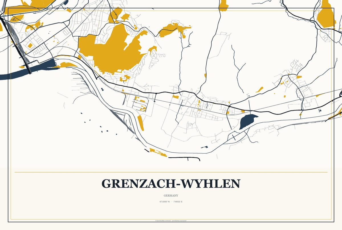 Grenzach-Wyhlen, Germany City Map Aluminum Sign in Citrine Modern style