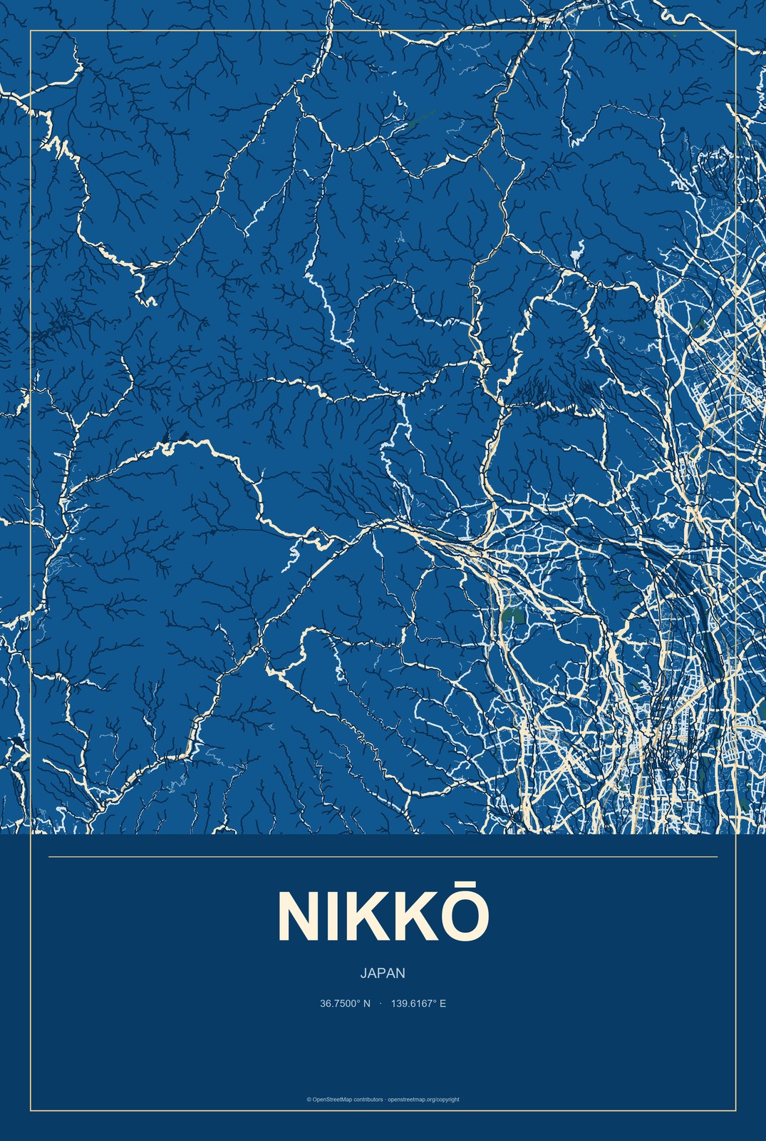 Nikkō, Japan City Map Aluminum Sign in Harbor Cobalt style