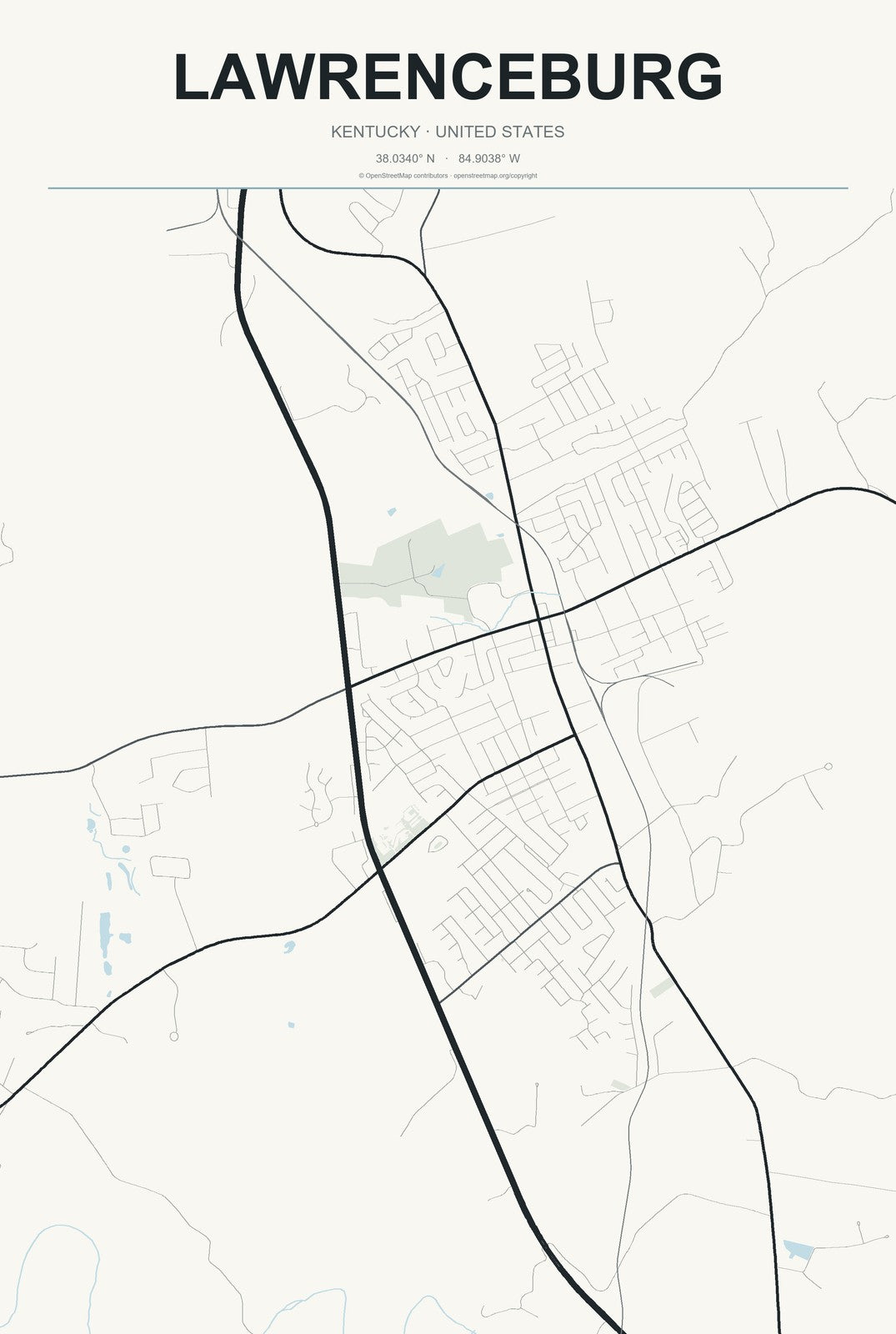 Lawrenceburg, Kentucky City Map Aluminum Sign in Headline Atlas style