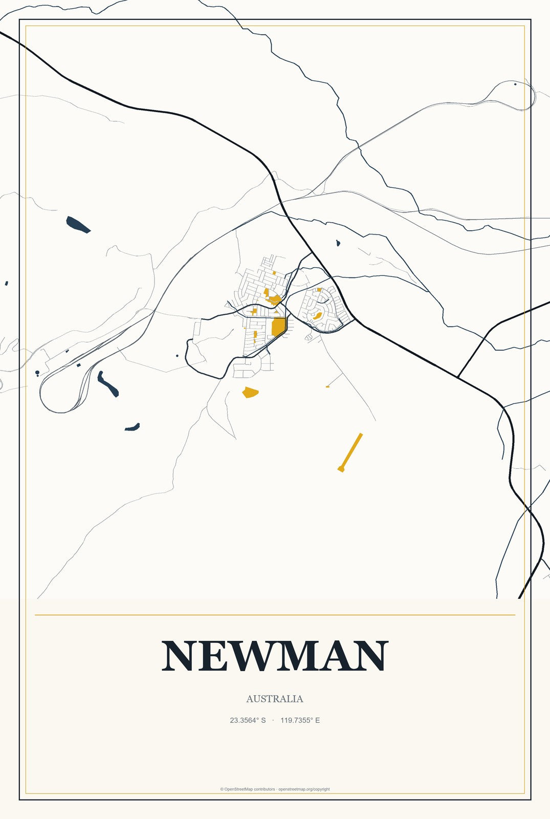 Newman, Australia City Map Aluminum Sign in Citrine Modern style