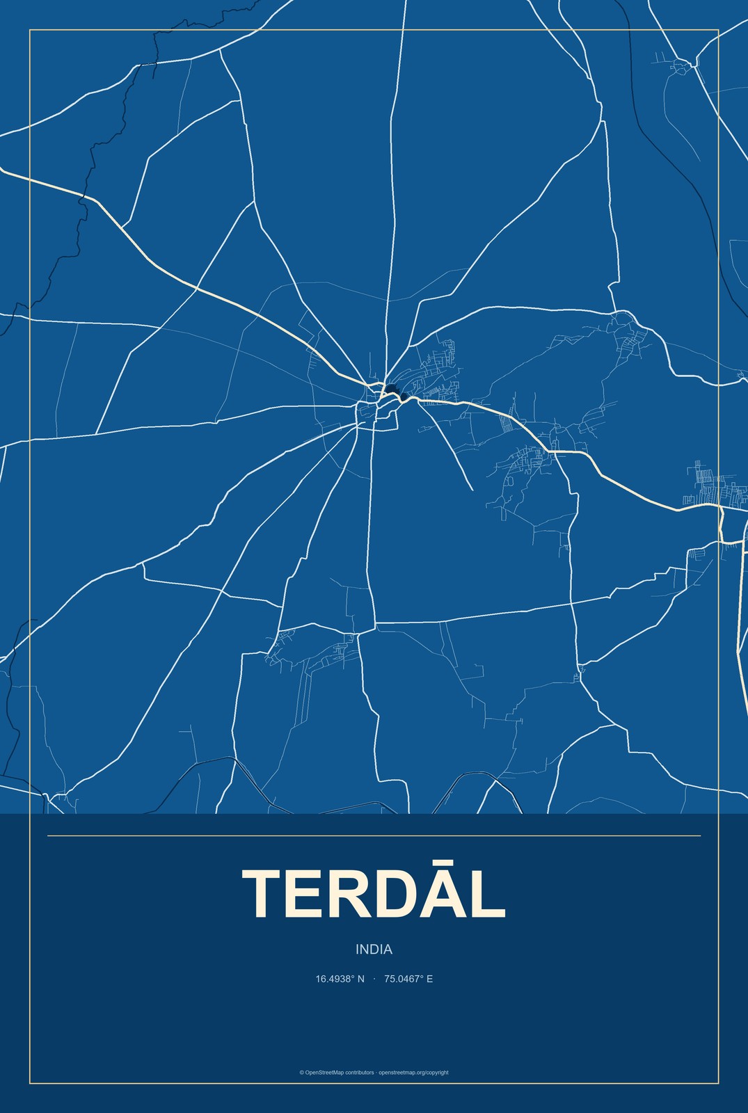 Terdāl, India City Map Aluminum Sign in Harbor Cobalt style