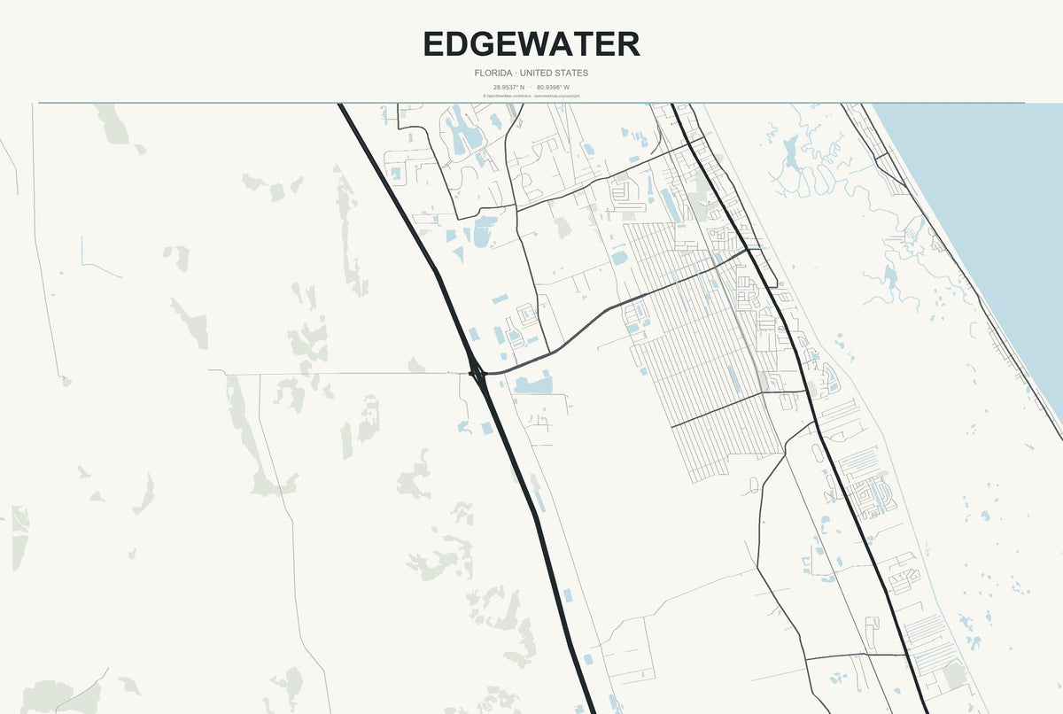 Edgewater, Florida City Map Aluminum Sign in Headline Atlas style